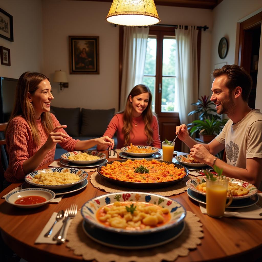 Family enjoying a traditional Spanish dinner in a homestay