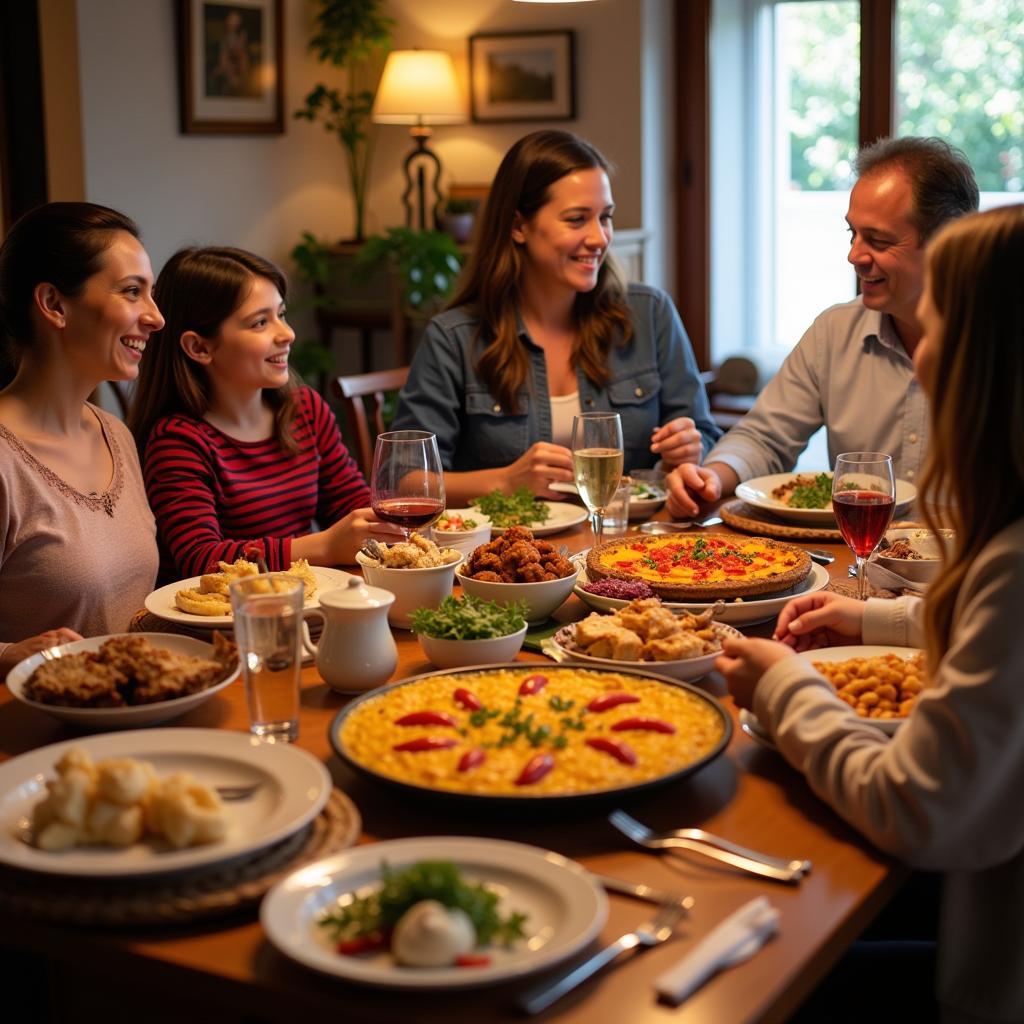 Spanish Family Enjoying Dinner with Homestay Guest