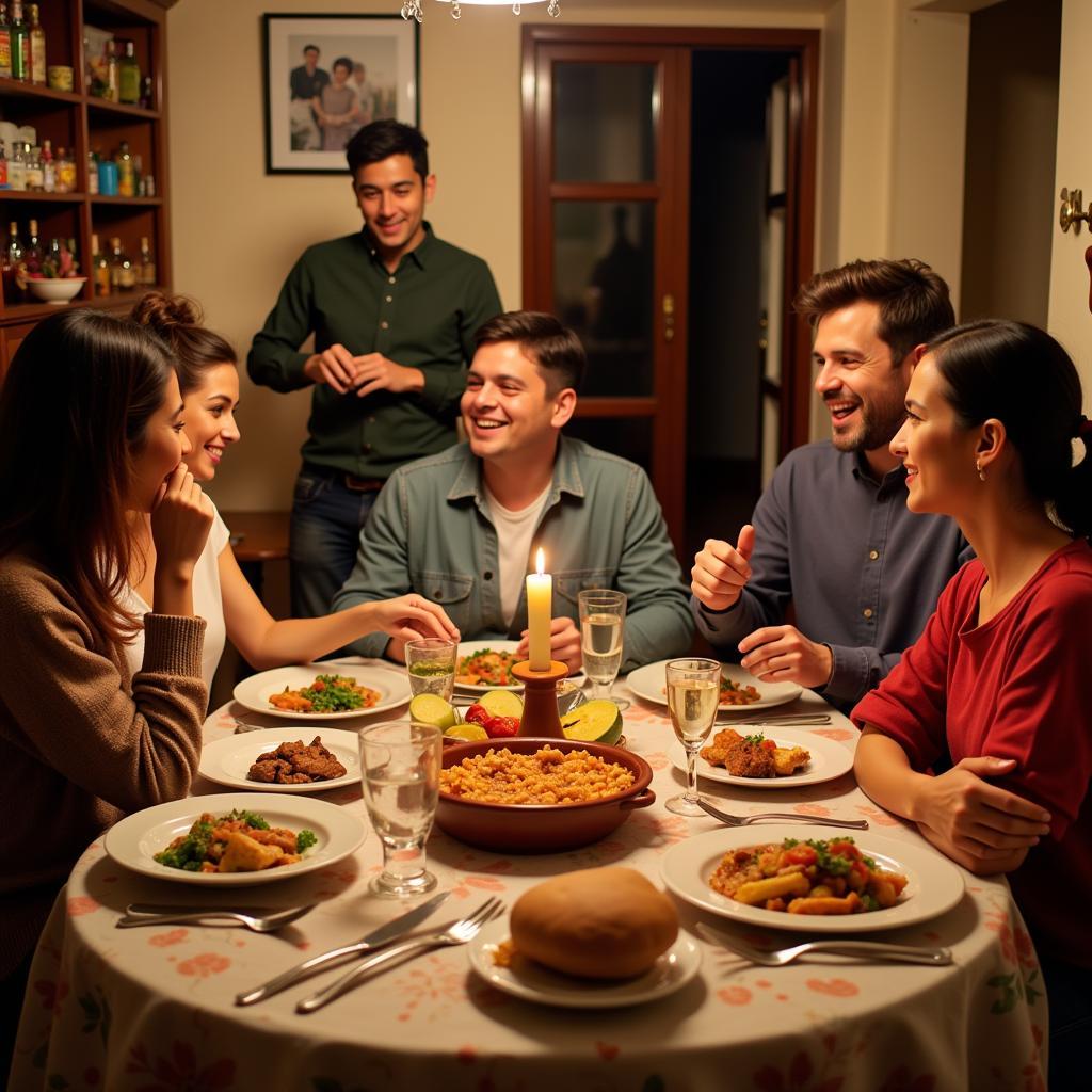 A Spanish family enjoying a traditional dinner together in their cozy home, showcasing the warmth and hospitality of a ct homestay experience.