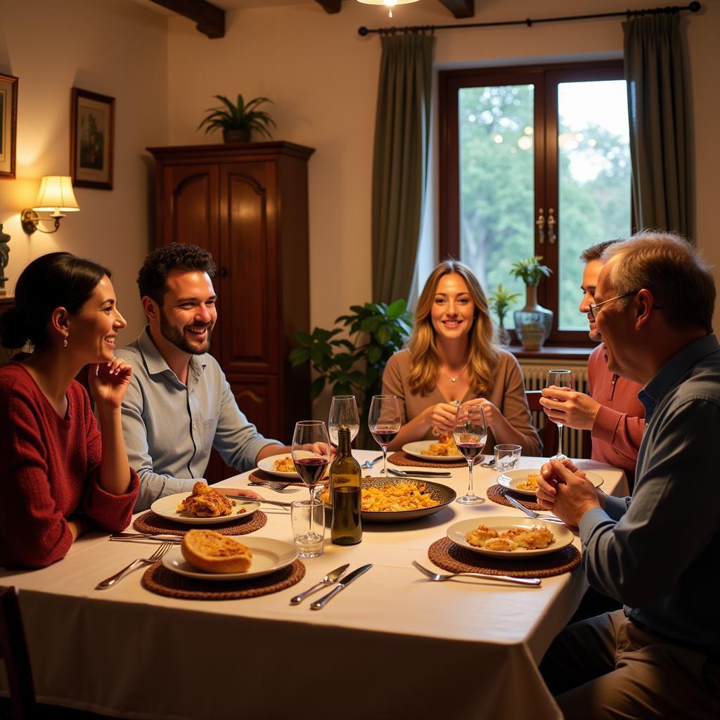 Family enjoying a traditional Spanish meal during a homestay