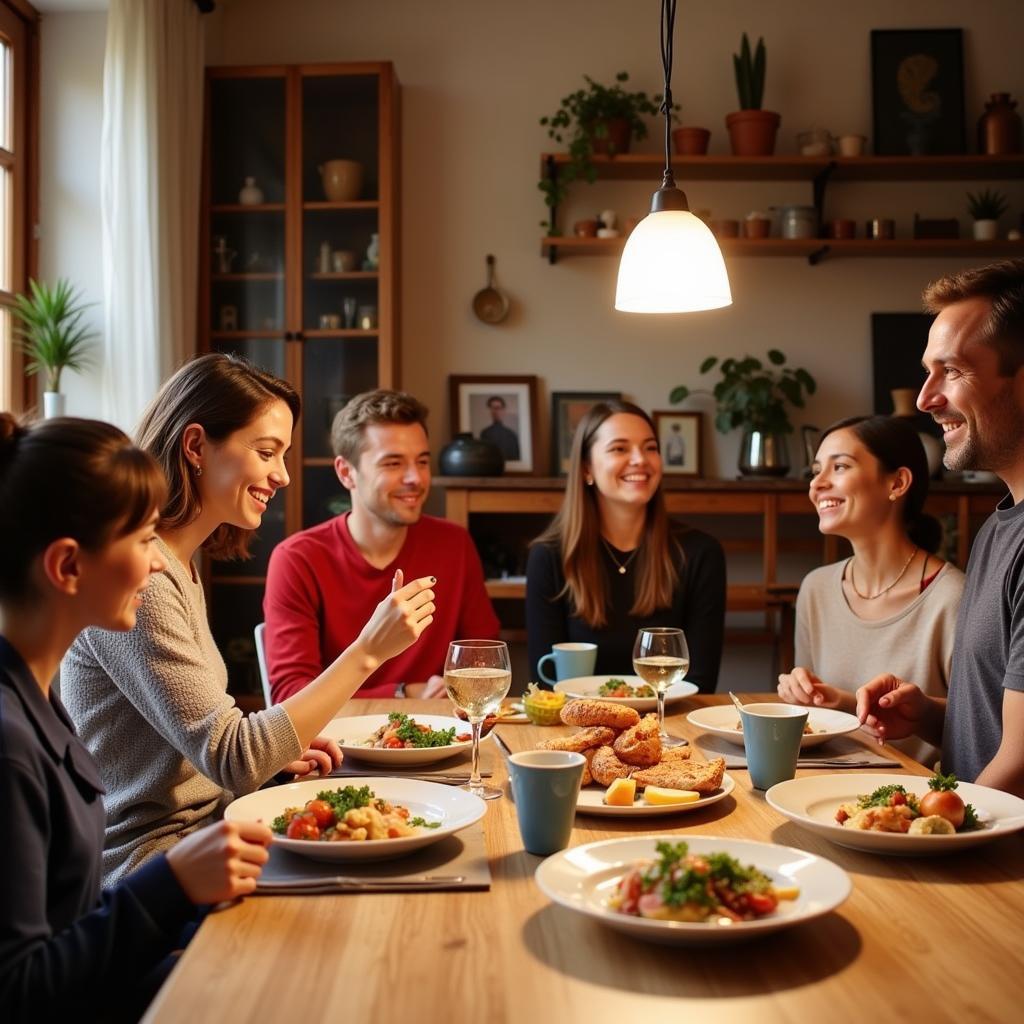 A Spanish family enjoying a meal together with their homestay guest, illustrating the warmth and connection of a homestay agro city experience.