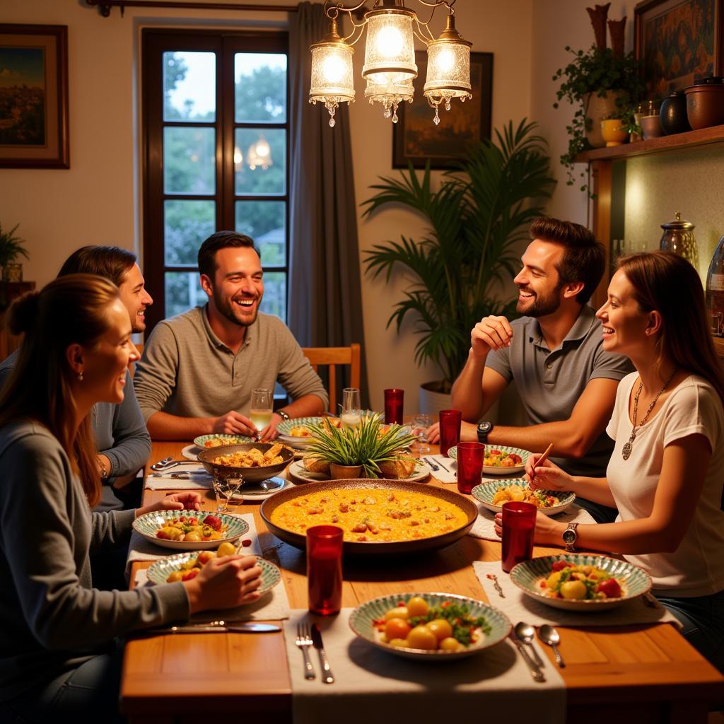 Enjoying a traditional Spanish family meal during a homestay