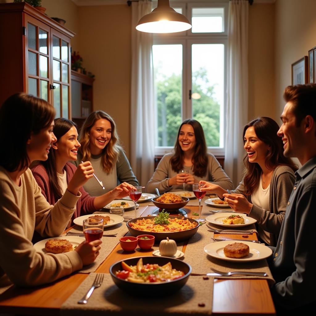 Family sharing a traditional Spanish meal at Homestay Albahia