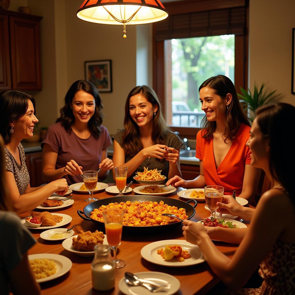 Spanish Family Enjoying Paella Dinner in a Homestay Inspired by Bukit Merah