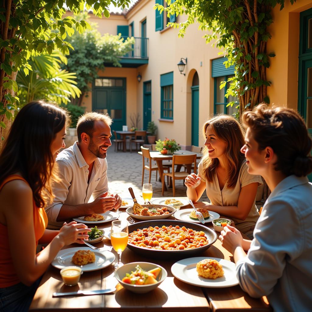 Family Enjoying Paella Lunch in a Spanish Courtyard