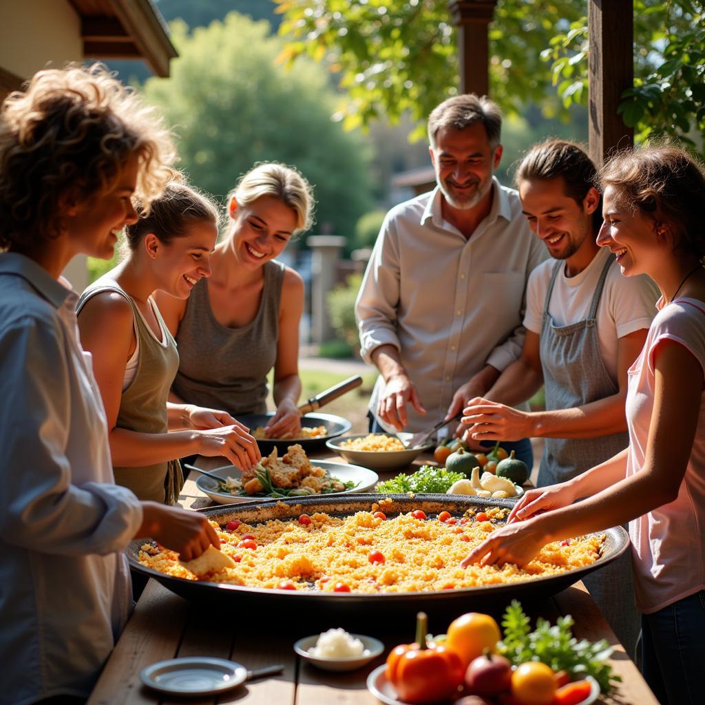 Spanish family preparing paella