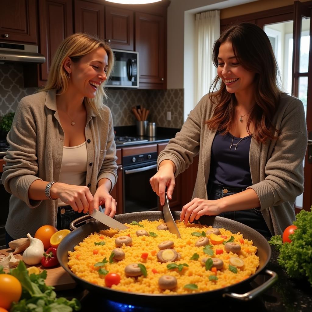 Spanish Family Preparing Paella Together