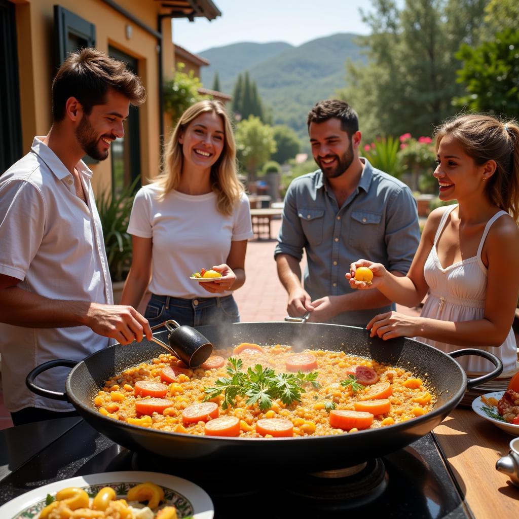 Spanish Family Preparing Paella Together