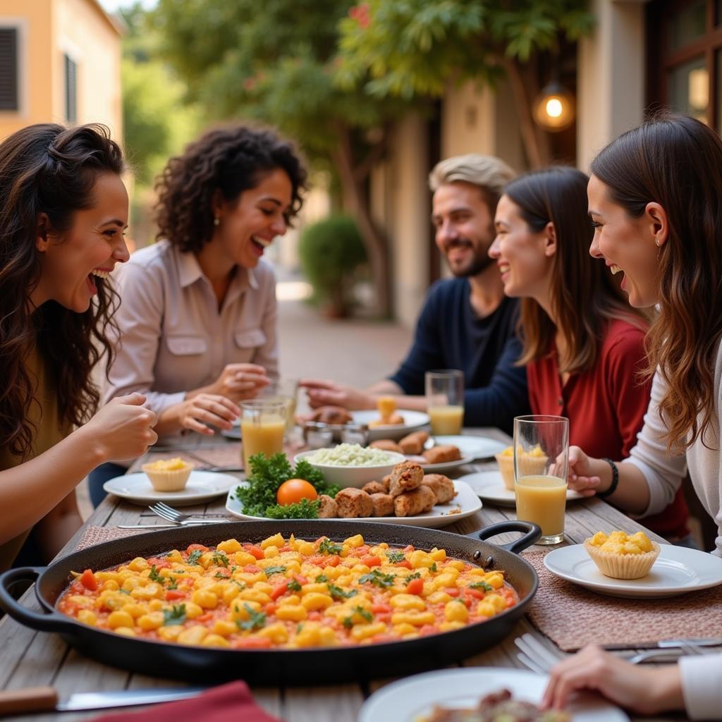 Guests enjoying a traditional paella meal with their Spanish host family