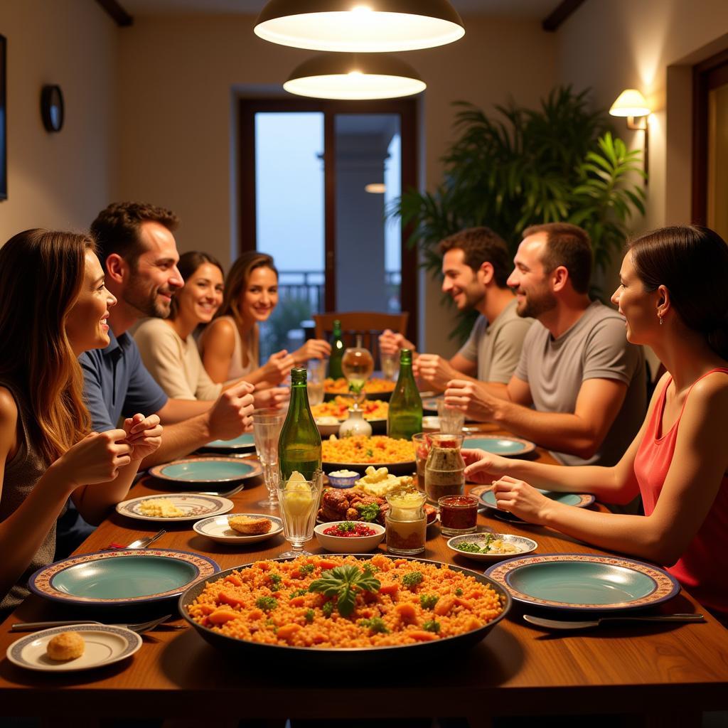 Spanish Family Sharing Paella Dinner