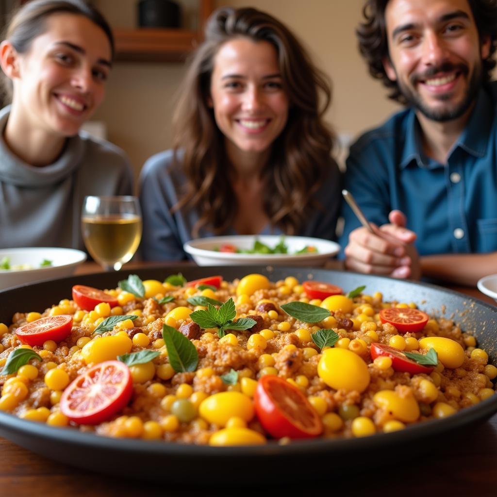 Spanish Family Sharing a Delicious Paella Dinner