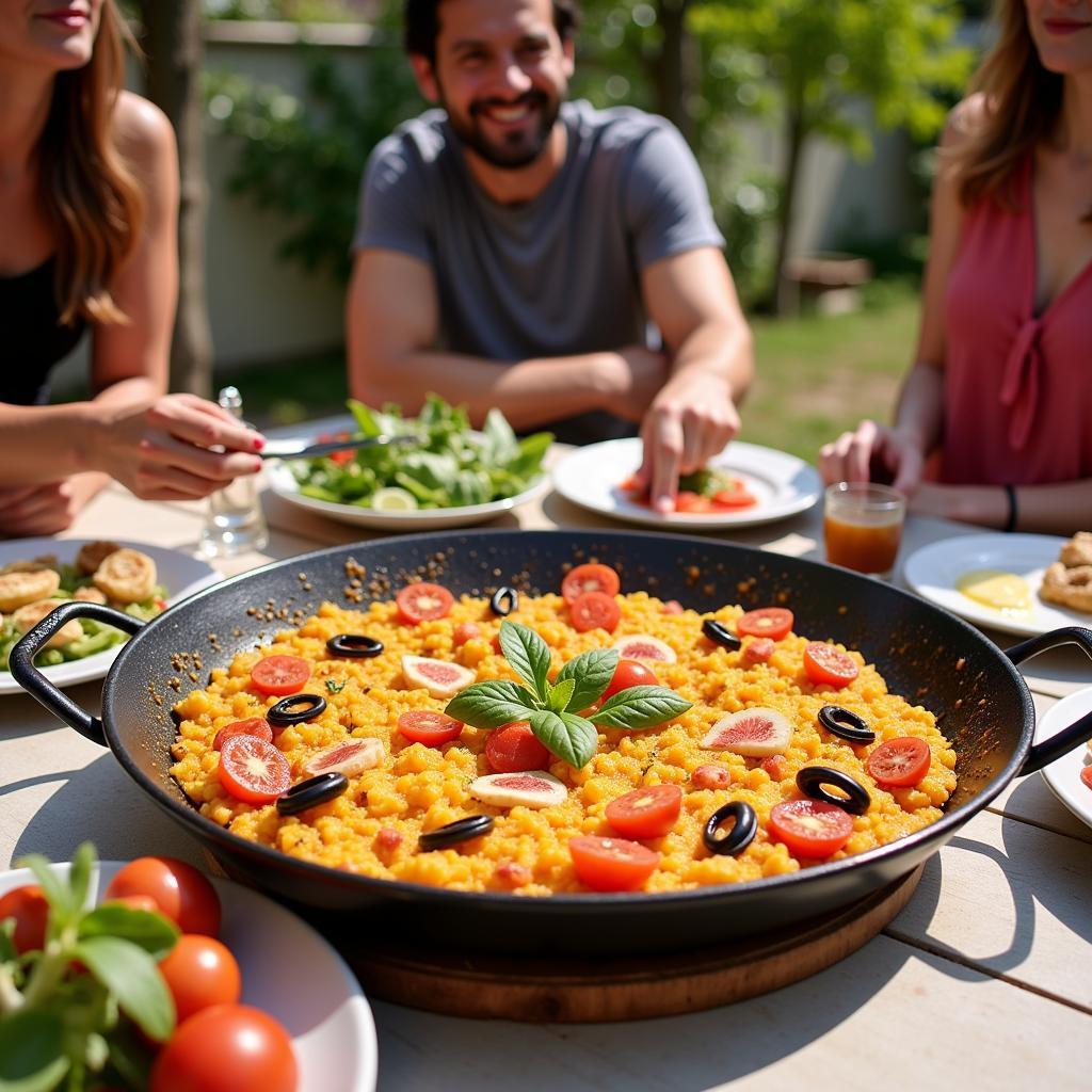 Spanish Family Sharing Paella with Guest