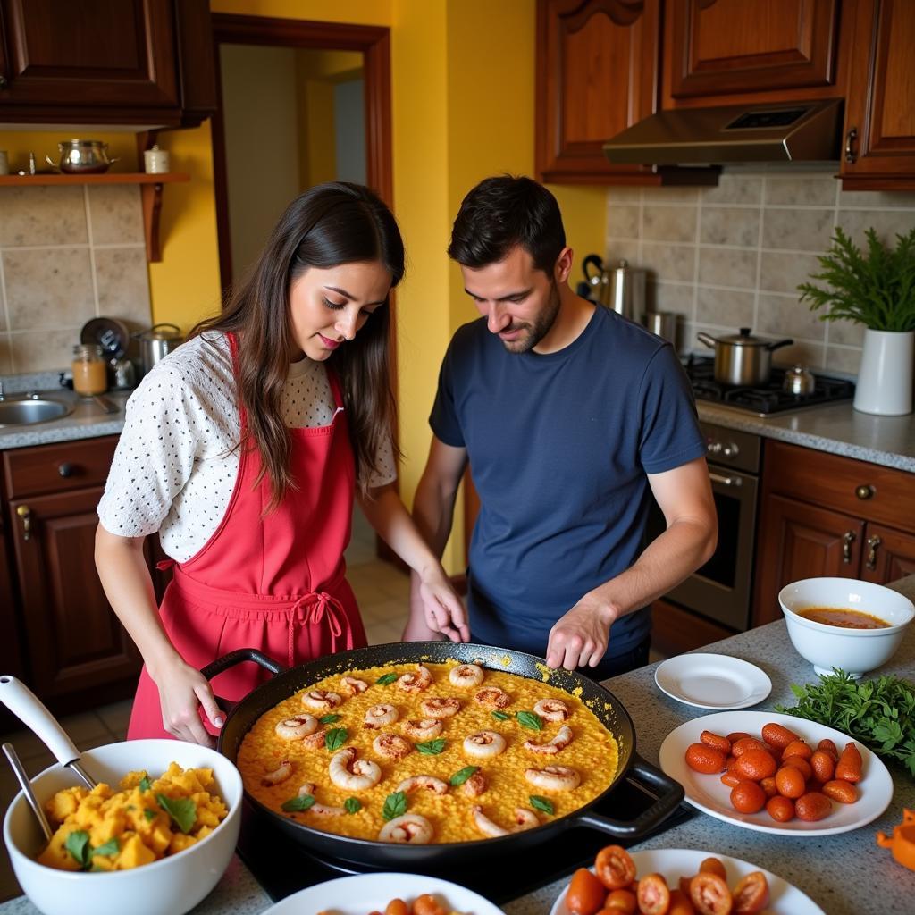 Spanish Family Teaching Guest to Make Paella