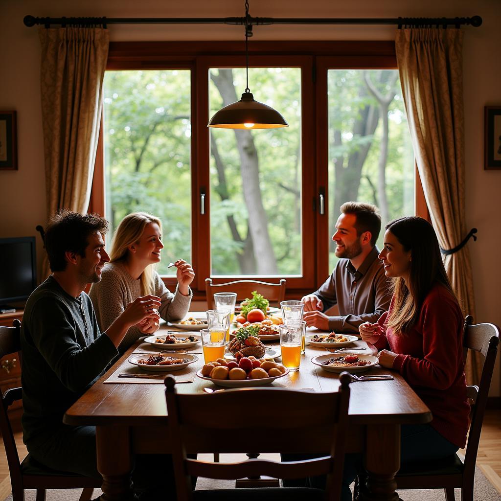 Spanish forest view homestay family enjoying a meal together