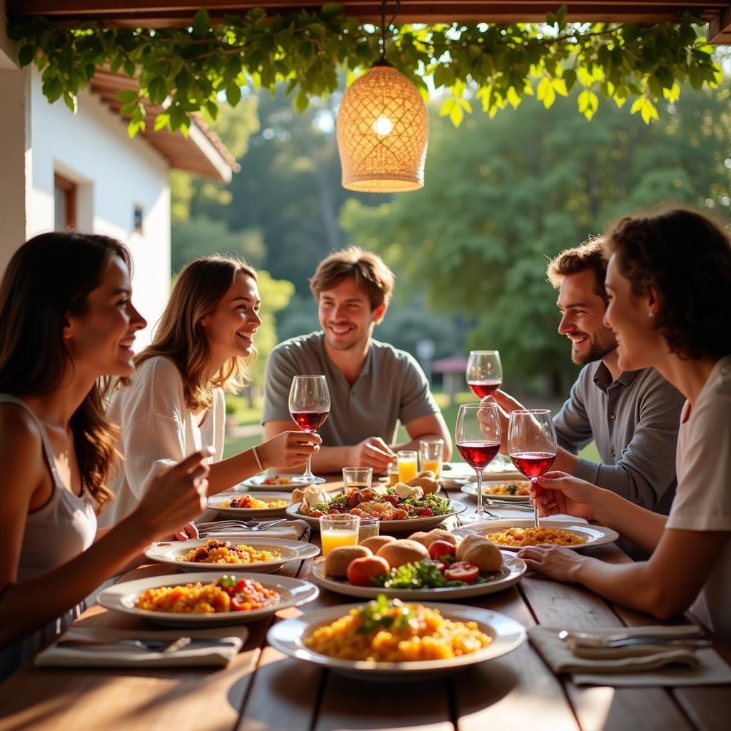 A Spanish family enjoying a traditional meal together on their homefarm