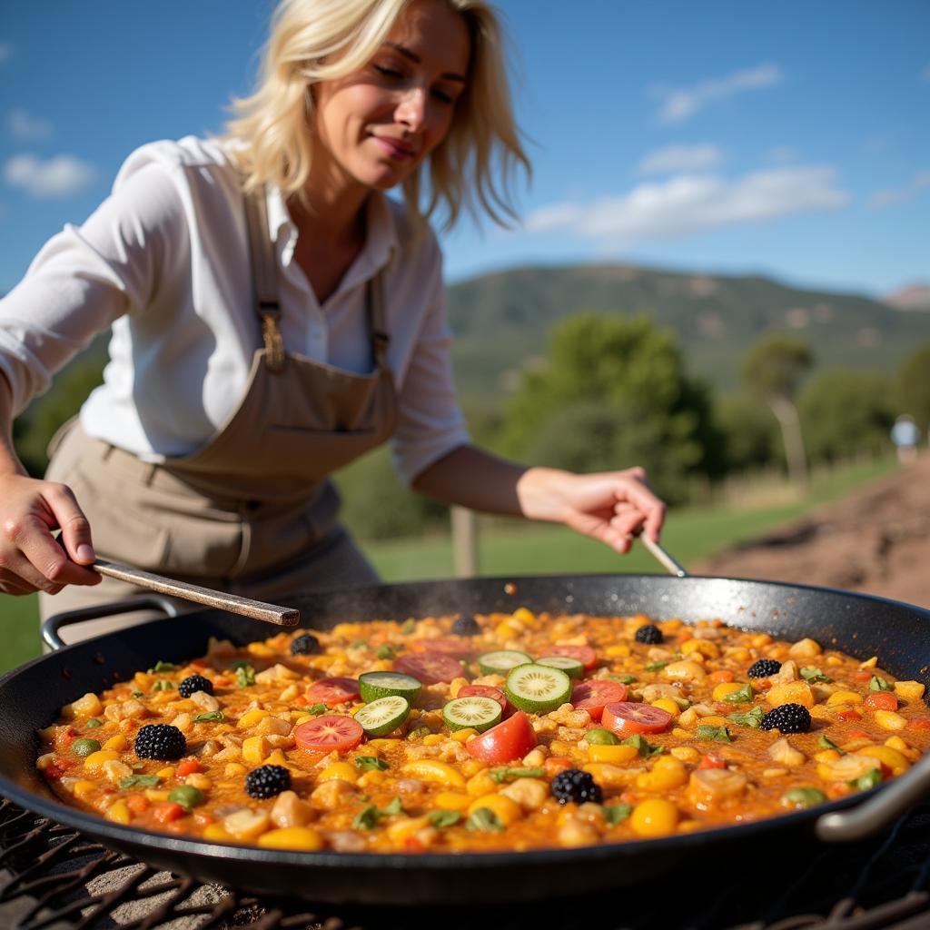 Preparing Paella on a BBQ at a Spanish Homestay