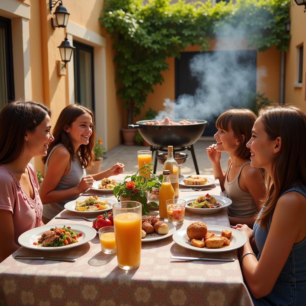 Family enjoying a BBQ dinner at a Spanish homestay