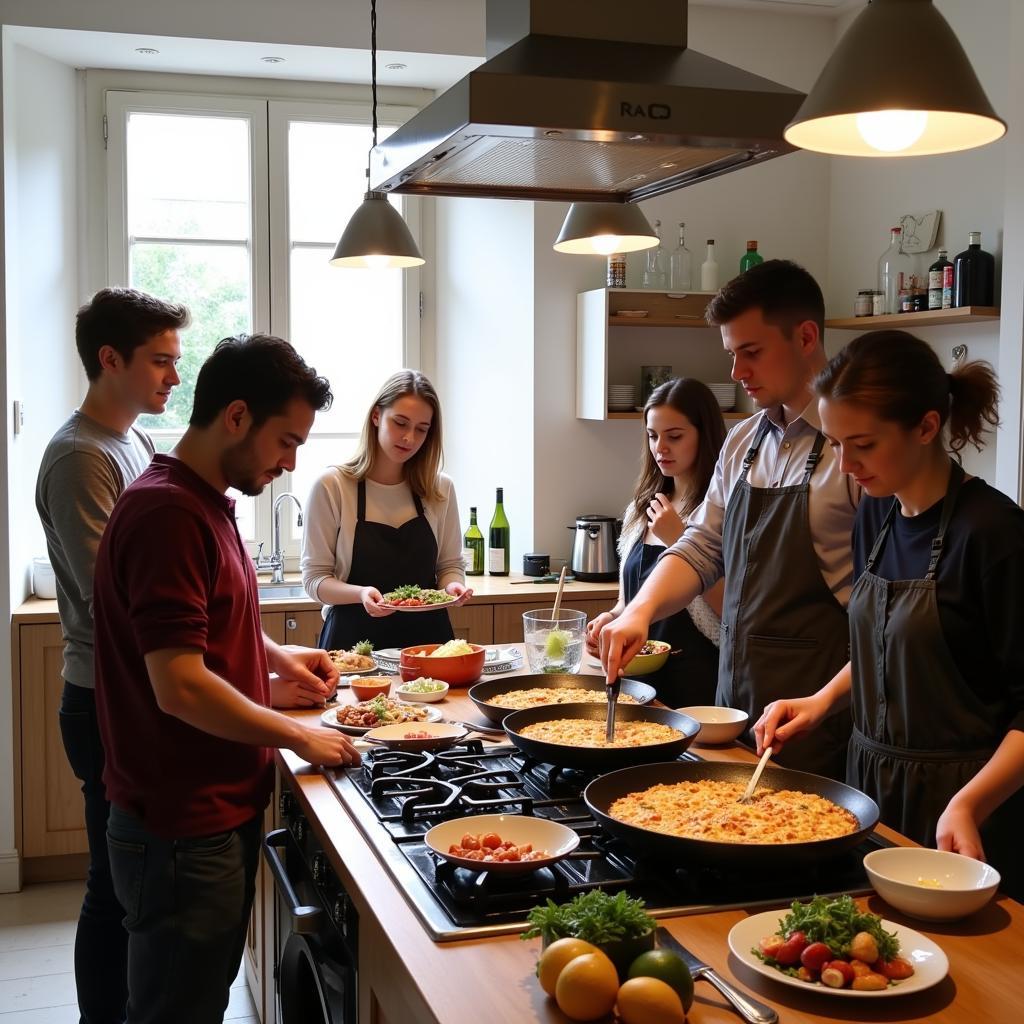 Guests participate in a hands-on paella cooking class at their Spanish homestay.