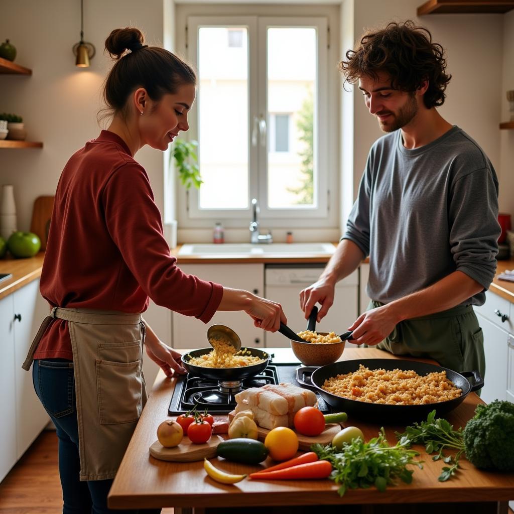 Learning to cook paella in a Spanish homestay