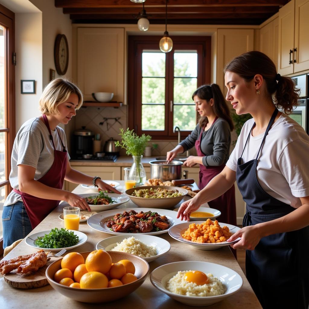 Learning to make traditional Spanish dishes in a cooking class with your homestay host