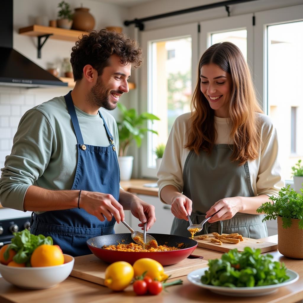 Learning to cook paella in a Spanish homestay