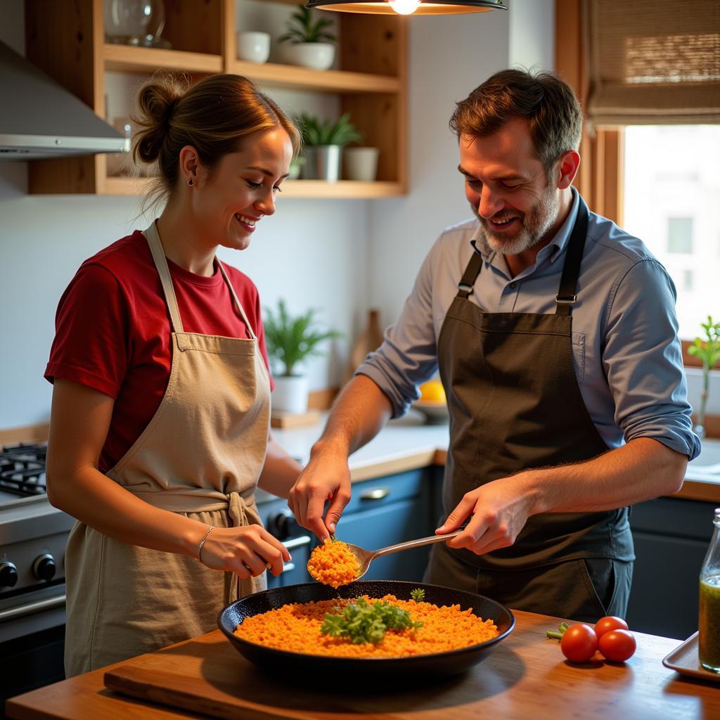 Learning to cook paella in a Spanish homestay