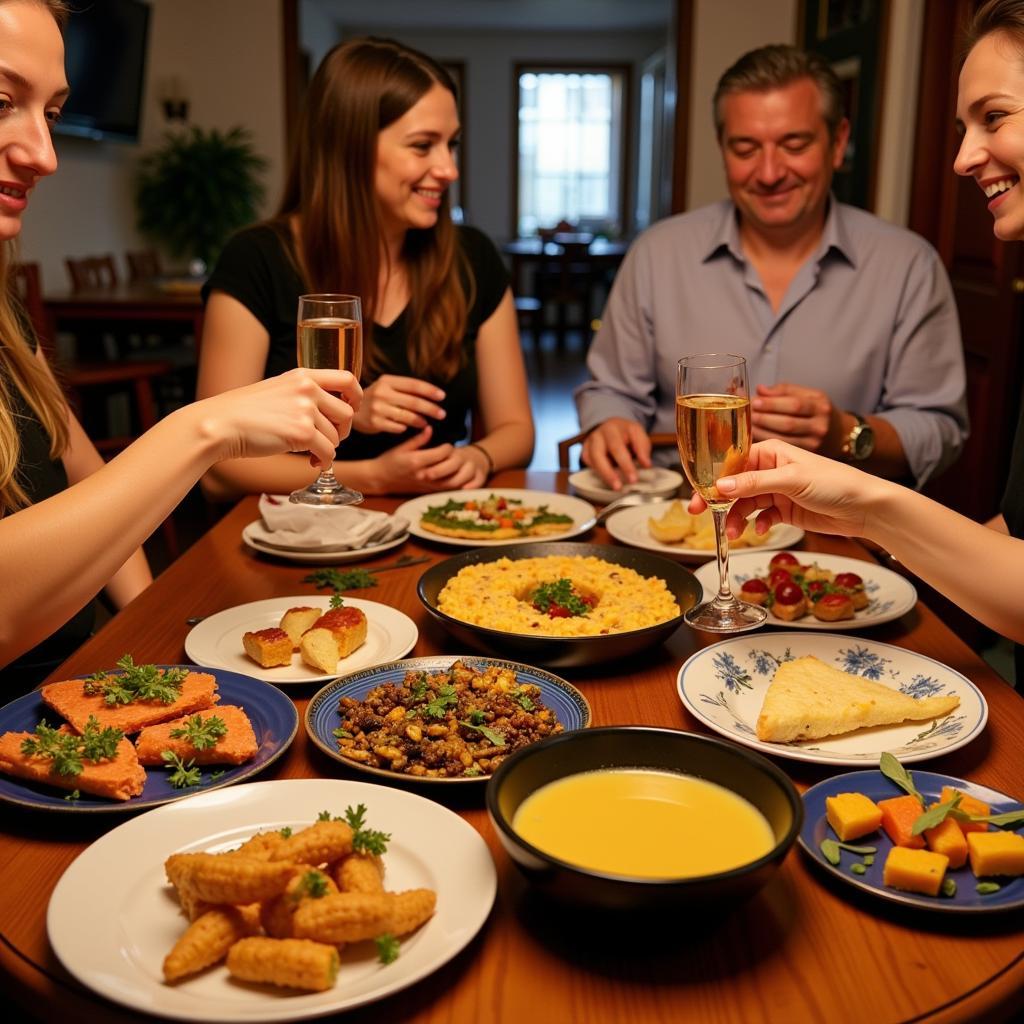 A vibrant table filled with delicious Spanish dishes, shared between a host family and their guests during a crown royal homestay.