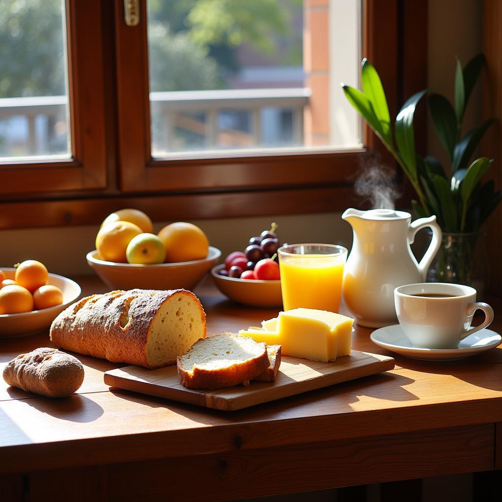 A traditional Spanish breakfast spread in a cozy homestay dorm setting