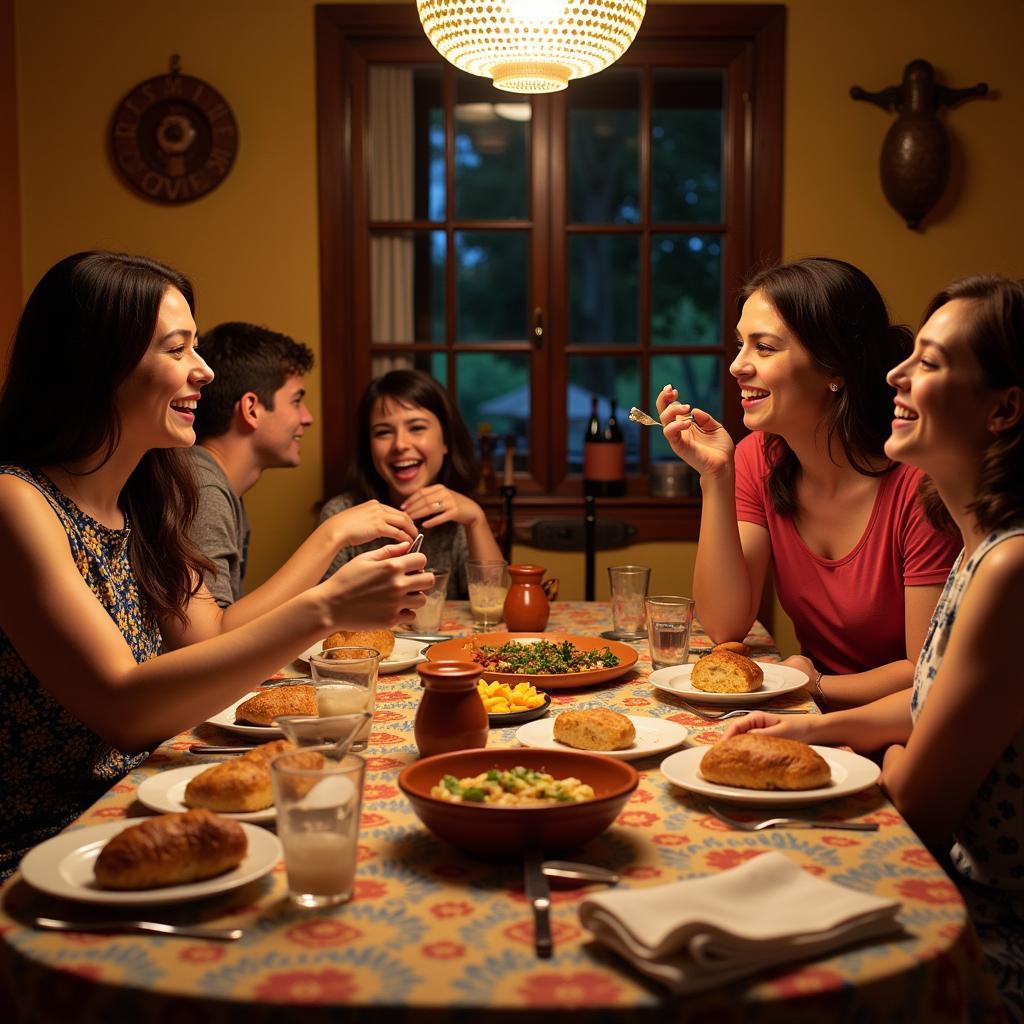 Enjoying a traditional Spanish dinner with a host family in a homestay dorm.