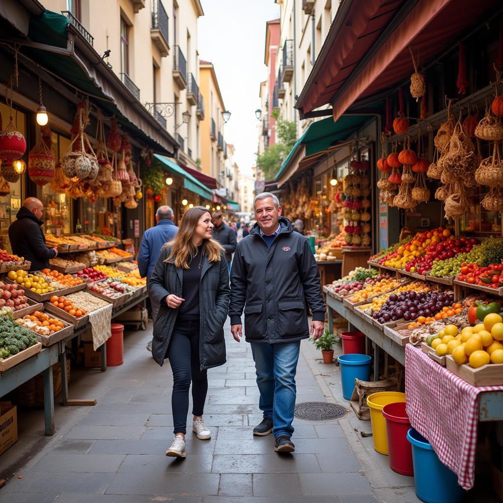 Guests and host exploring a bustling Spanish local market