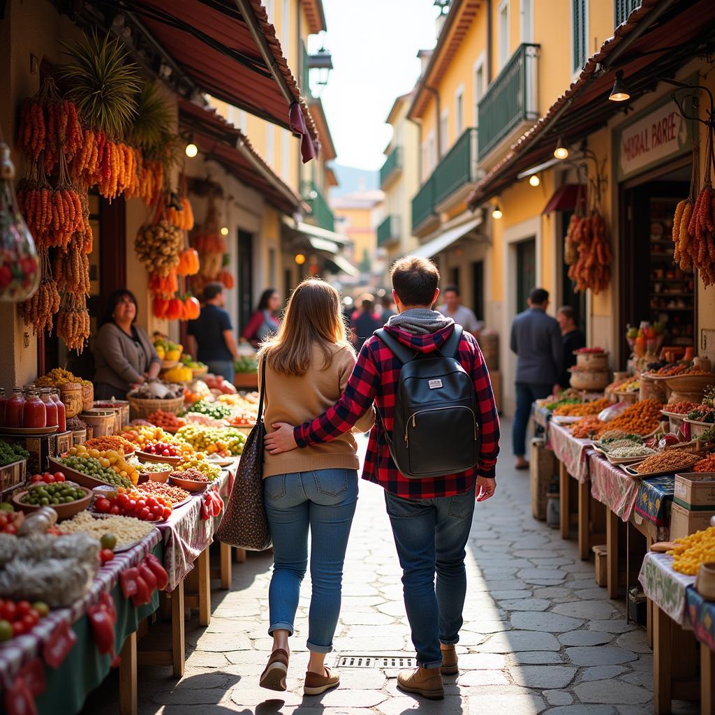 Homestay guests exploring a bustling Spanish market with their host.