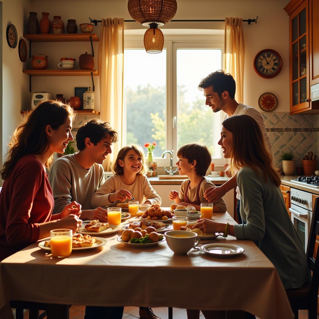 Spanish Family Enjoying Breakfast Together in a Cozy Homestay