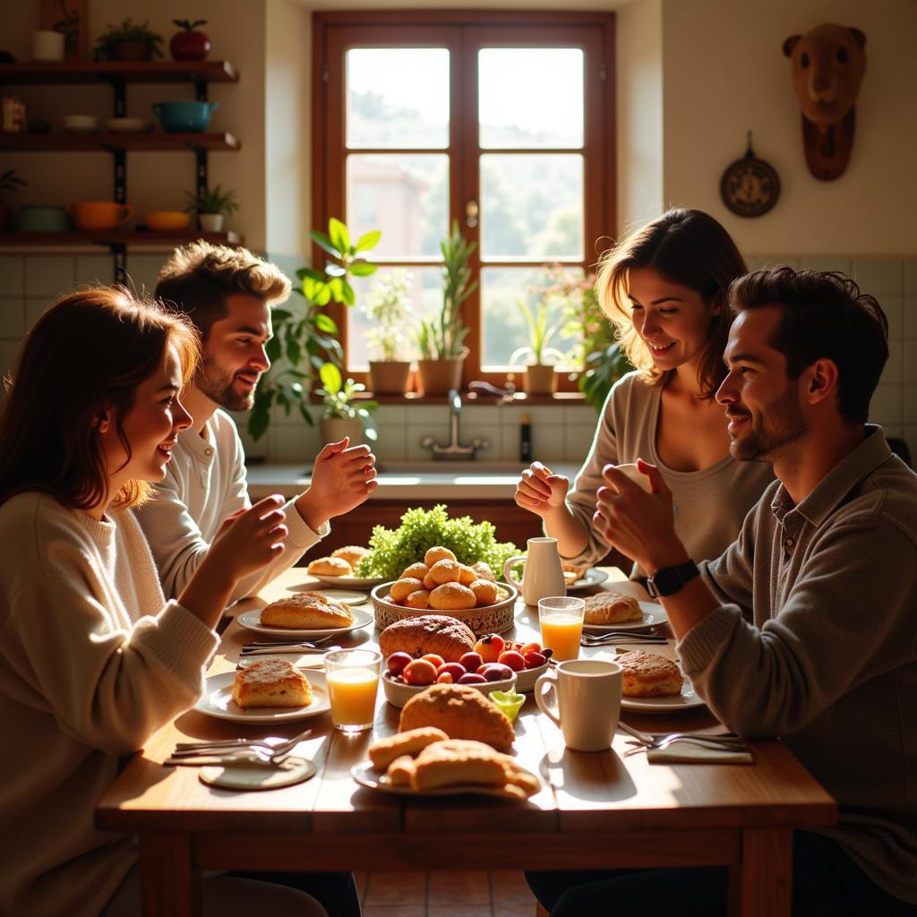 Spanish Family Enjoying Breakfast in a Cozy Homestay