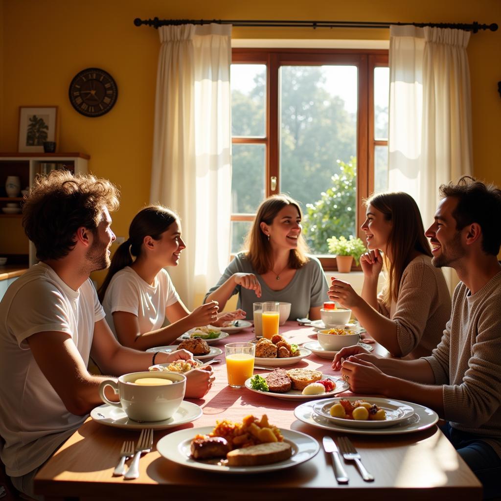 Spanish Family Enjoying Breakfast Together in a Homestay