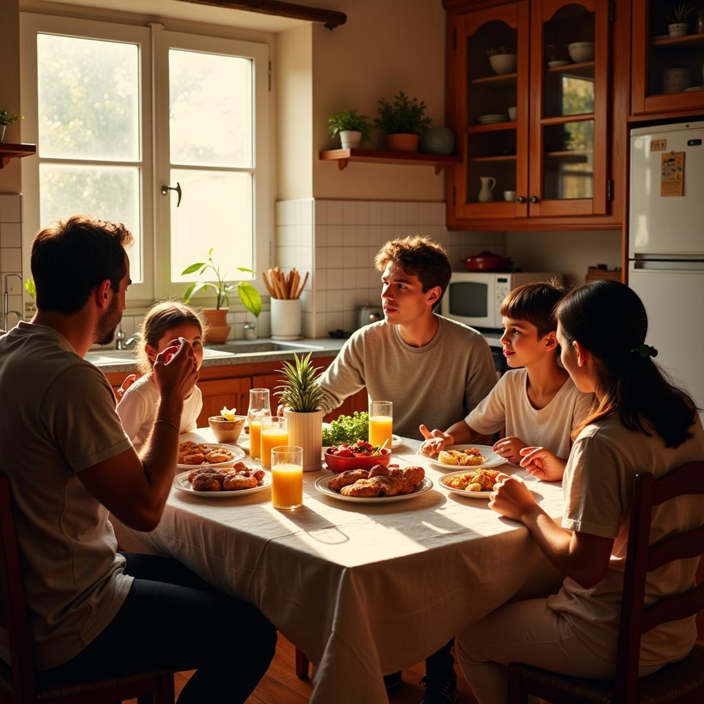 Spanish Family Enjoying Breakfast Together in a Homestay