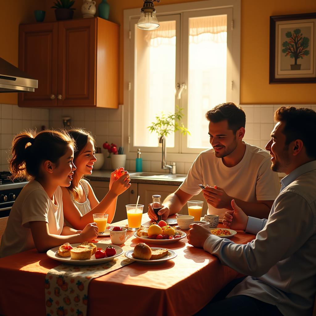 Spanish Family Enjoying Breakfast Together in their Homestay