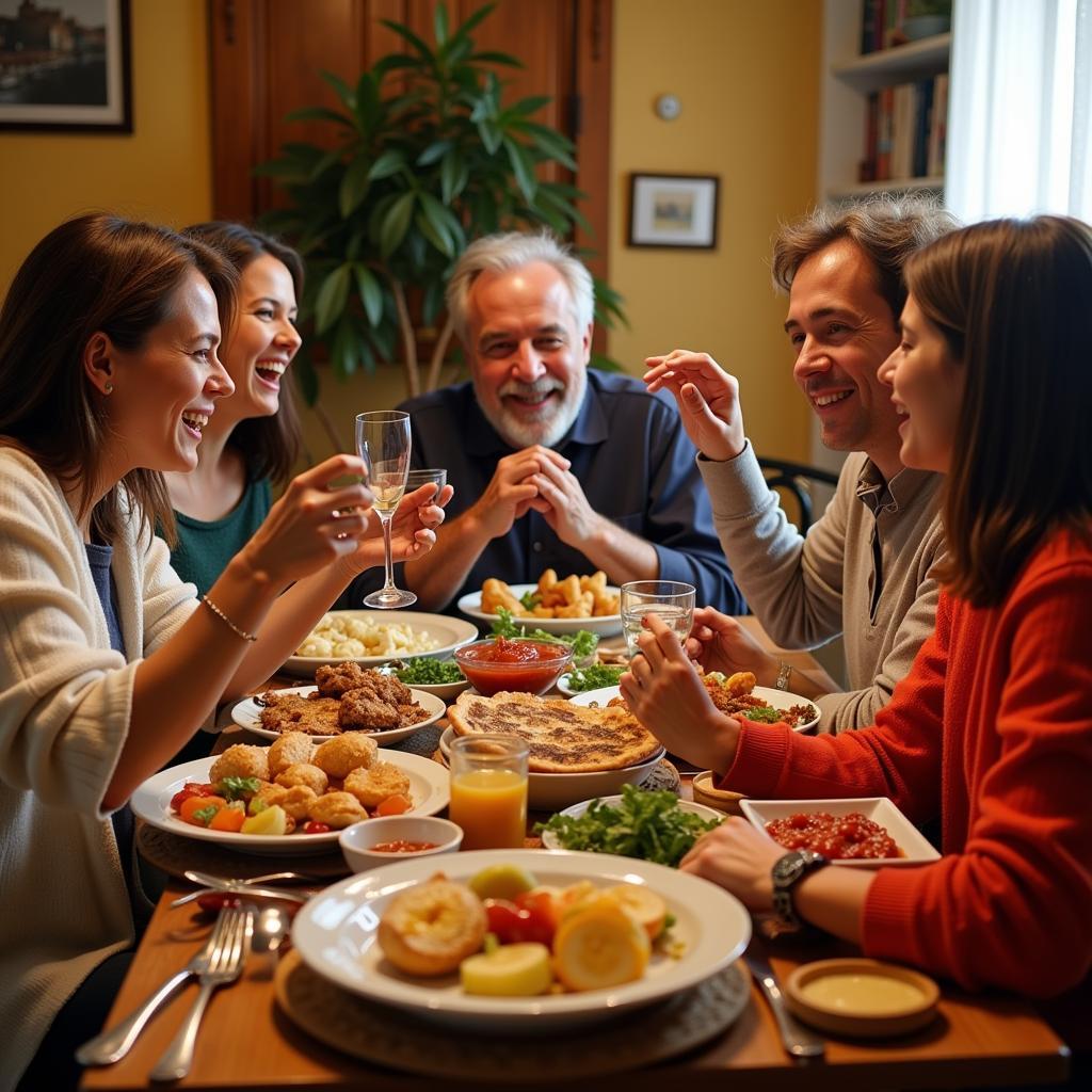 A Spanish family enjoying a traditional dinner together in their cozy home