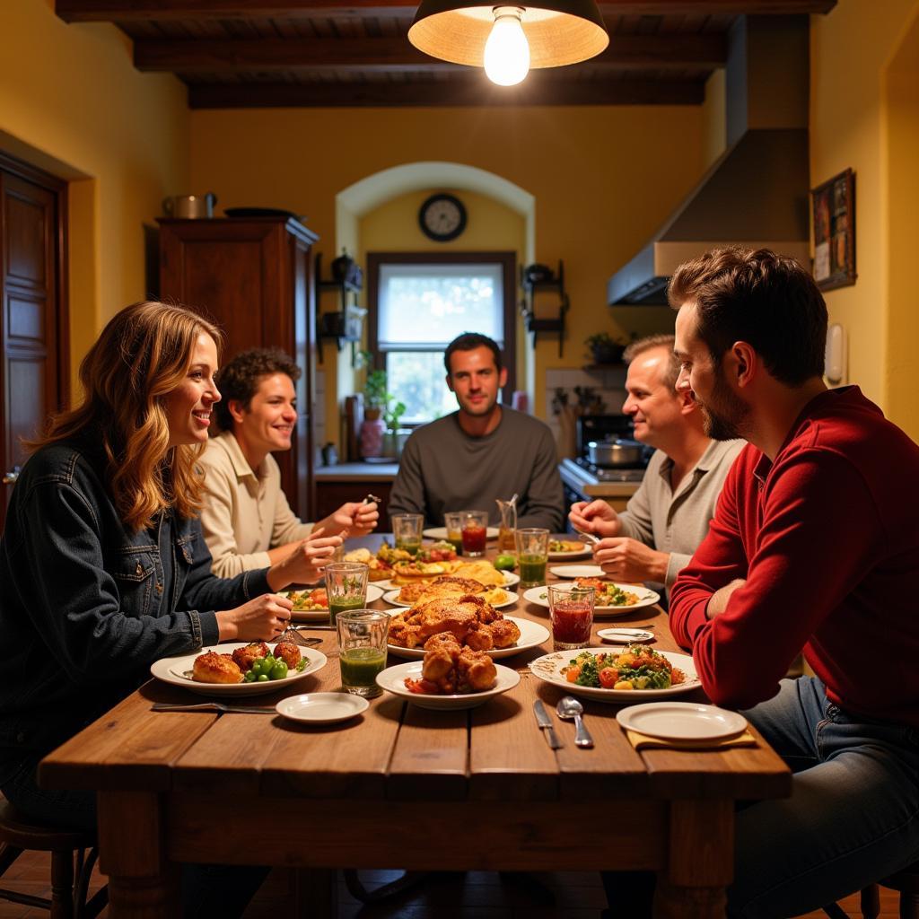 Spanish Family Enjoying Dinner Together in a Cozy Homestay