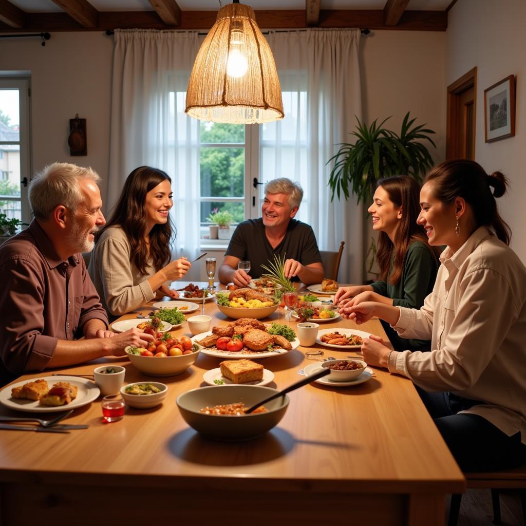 Spanish family enjoying dinner together in their homestay