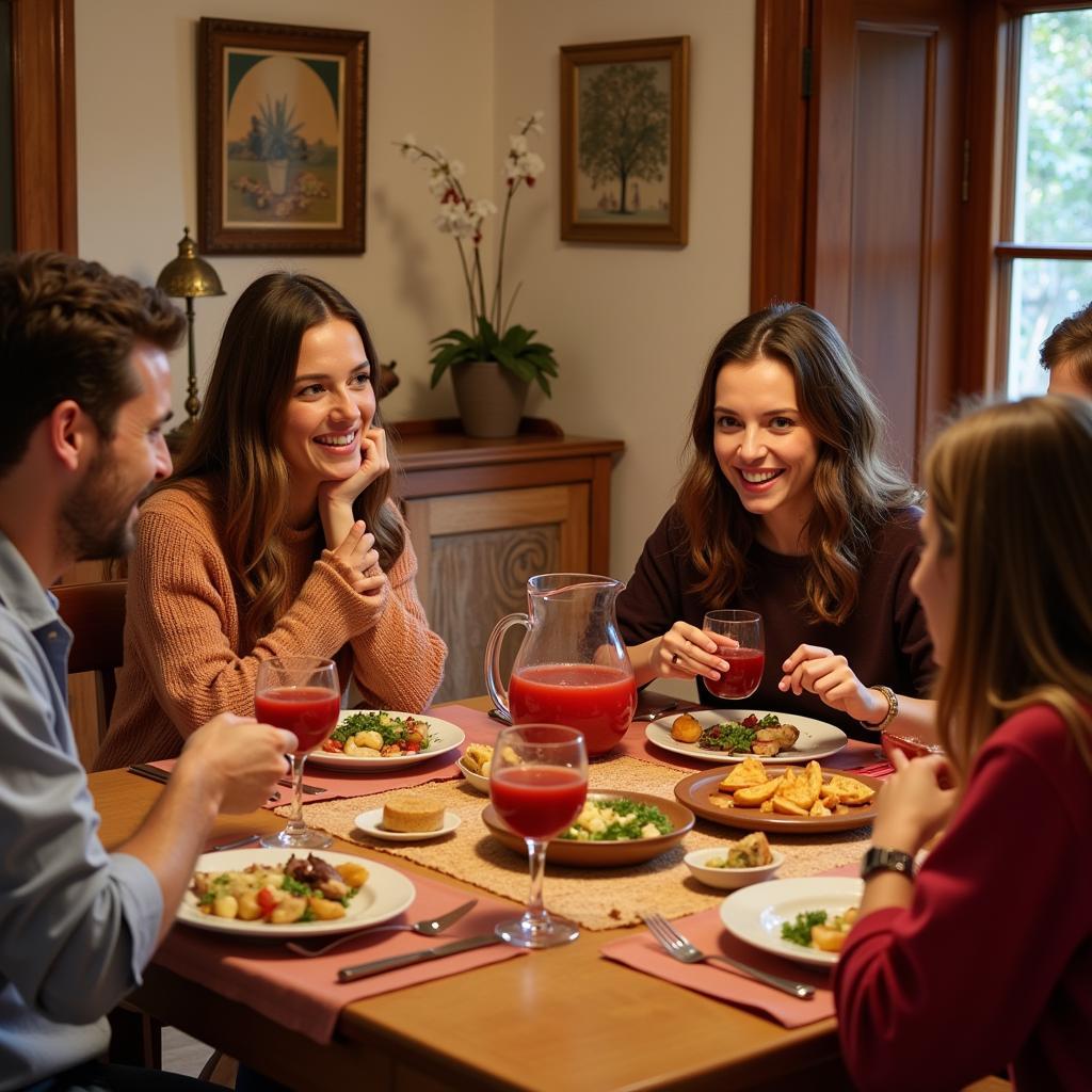 Family enjoying a traditional Spanish dinner in a cozy homestay