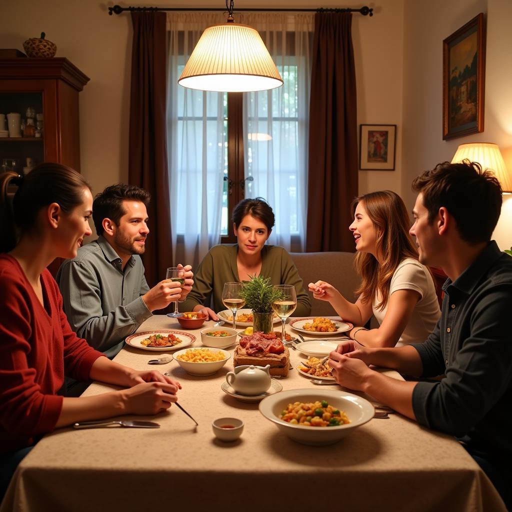 Family enjoying a traditional Spanish dinner in a homestay setting