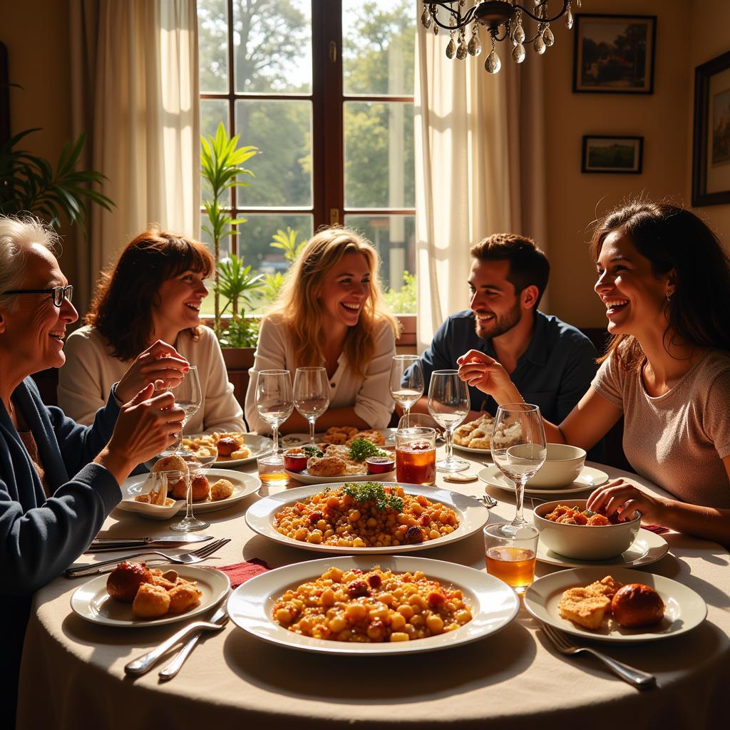 A Spanish family enjoying a traditional dinner together in their home.