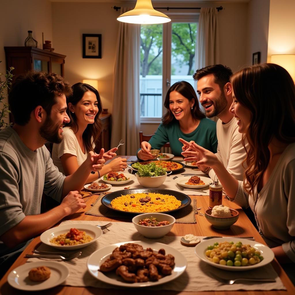 Family enjoying a traditional Spanish dinner in a cozy homestay