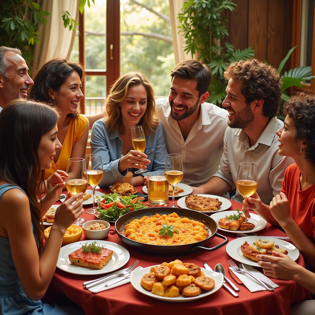 Spanish family enjoying a traditional dinner together in their homestay