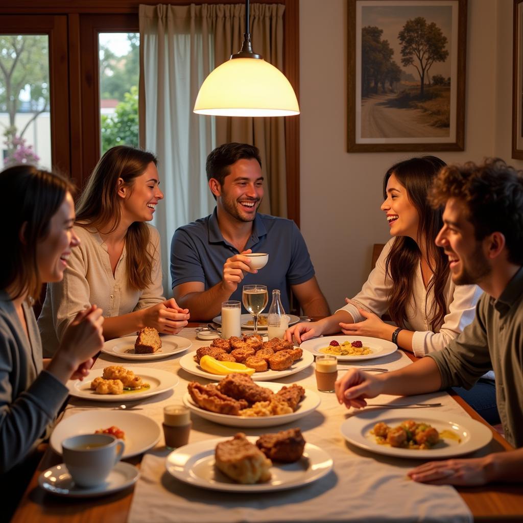 Family enjoying a traditional Spanish dinner in a homestay setting