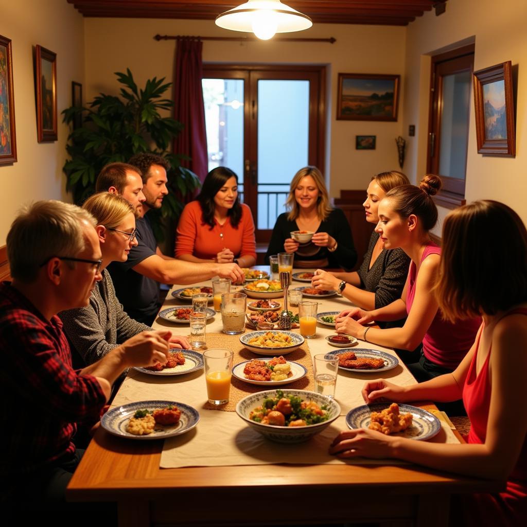 Enjoying a family dinner in a Spanish homestay