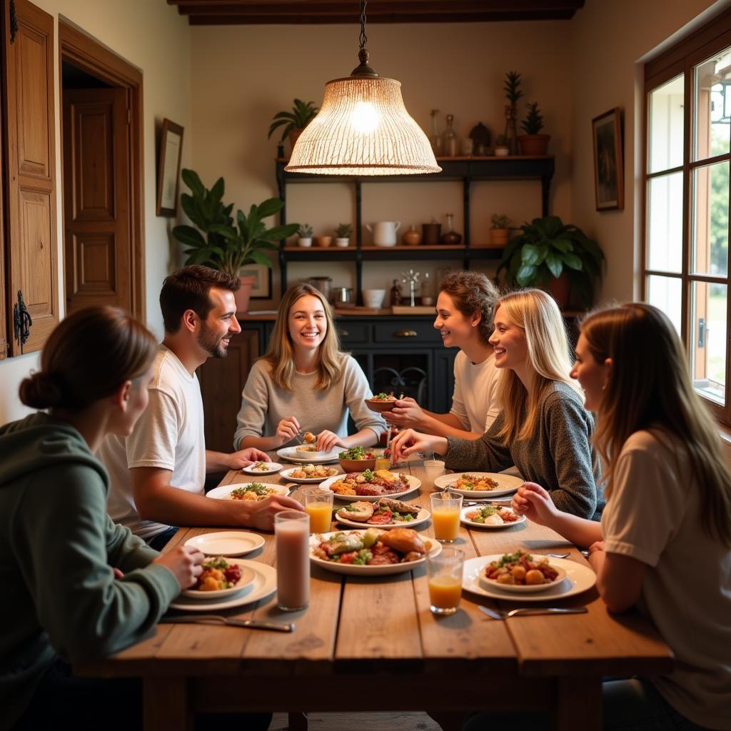 Spanish Family Enjoying Dinner Together in a Cozy Homestay