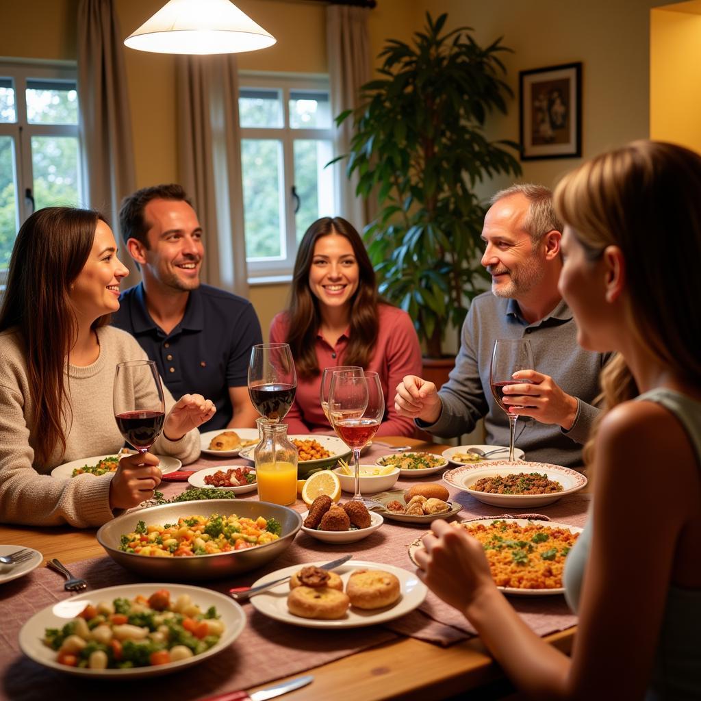 Family enjoying a traditional Spanish dinner in a homestay