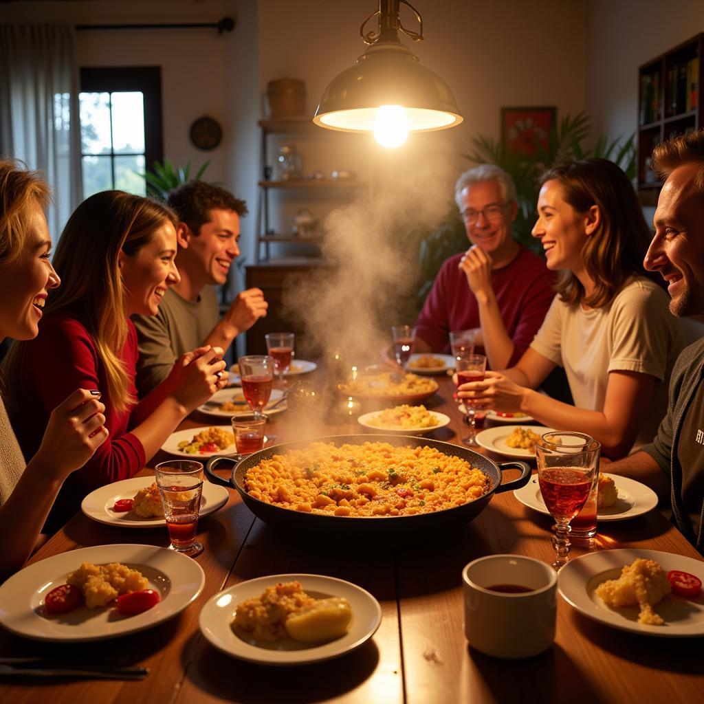 Family dinner at a Spanish homestay, featuring paella and lively conversation.