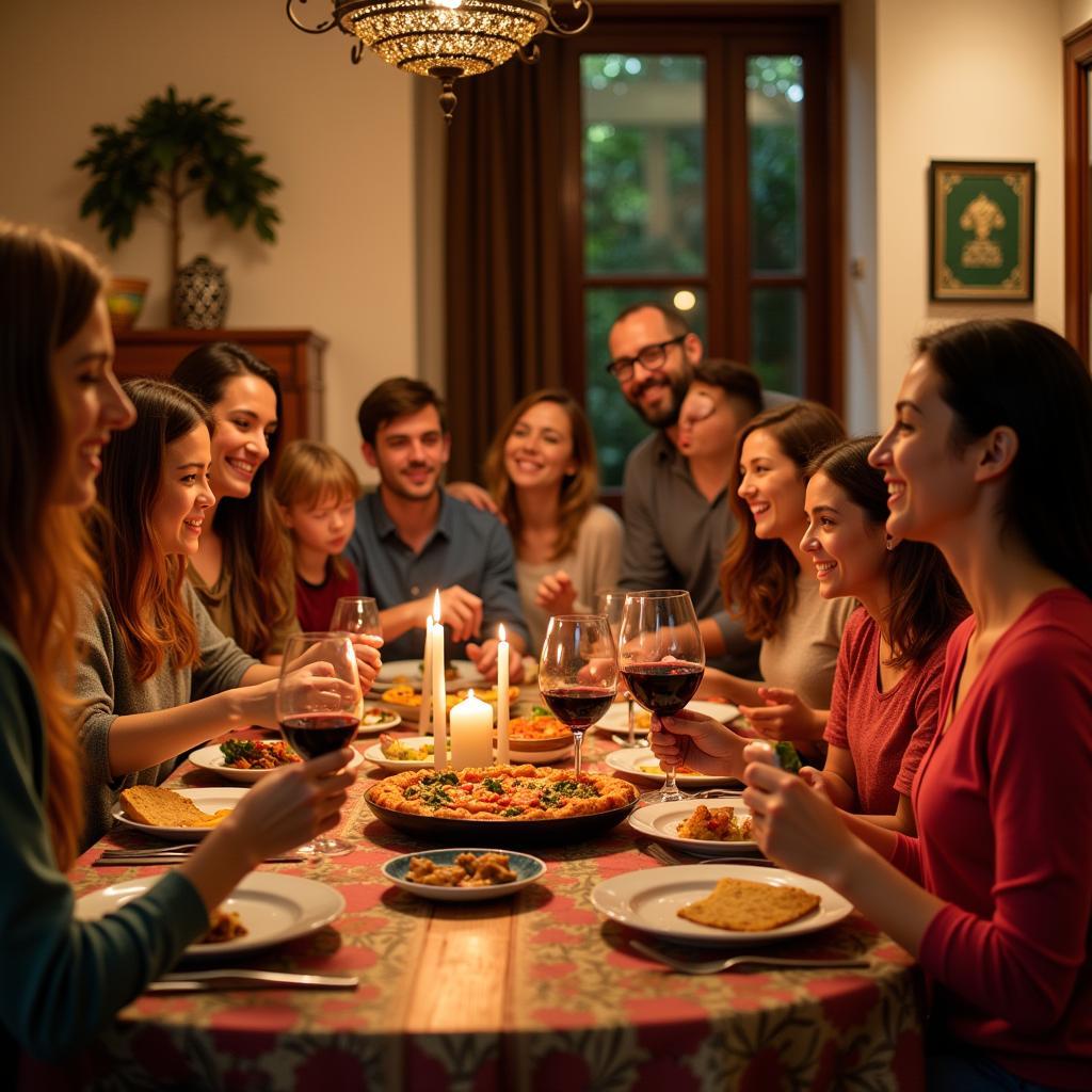 Family enjoying a traditional Spanish dinner in a cozy homestay.